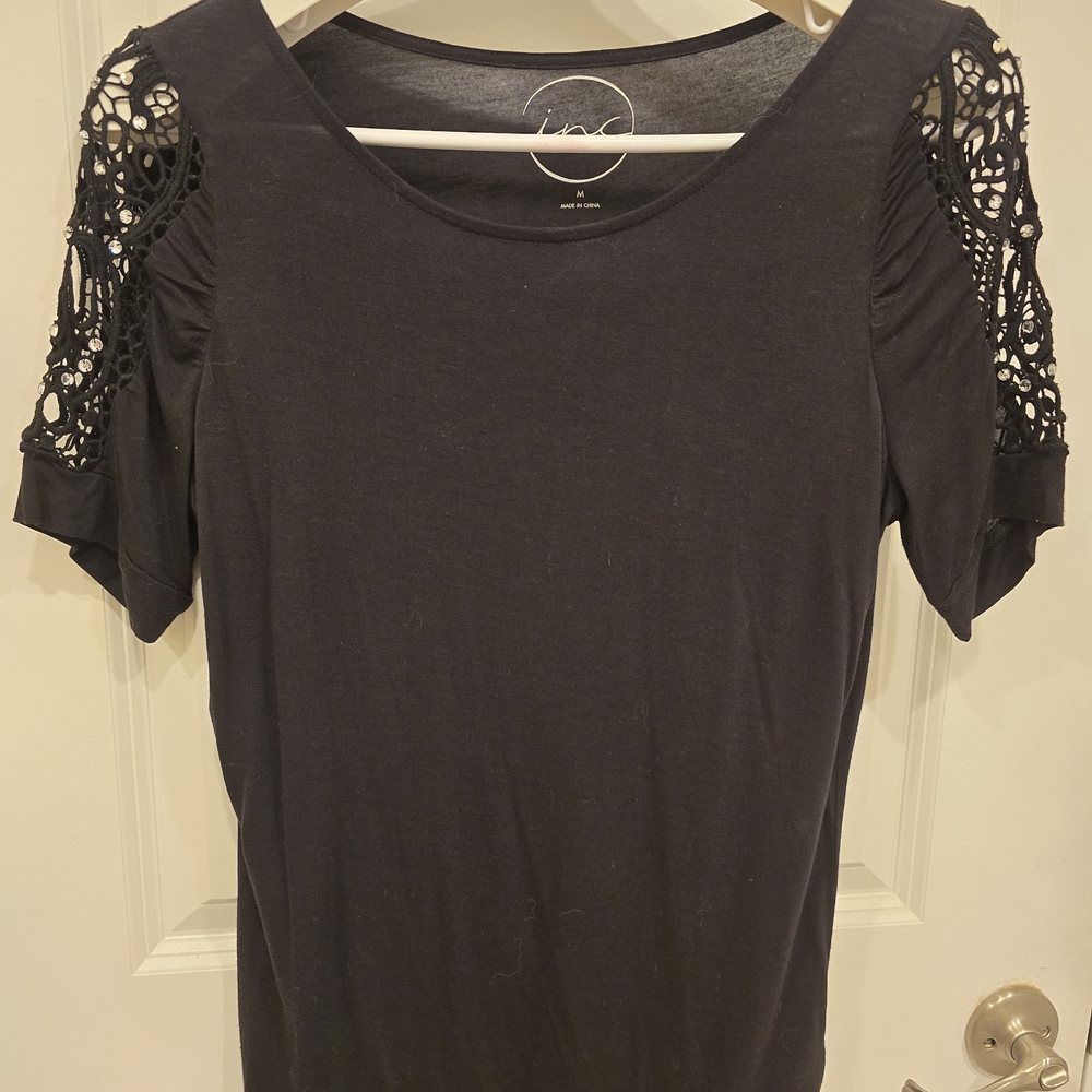 INC International Concepts Black Crochet Sleeve Top